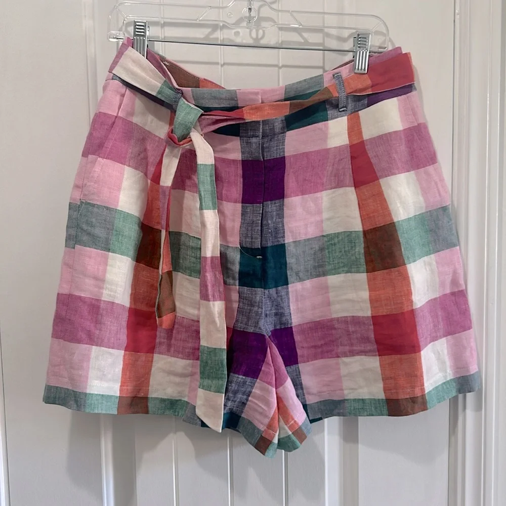 BODEN Alma Tie Waist Linen Shorts Bonbon Pink, Flambe Check. RARE Multicolor - Picture 4 of 12